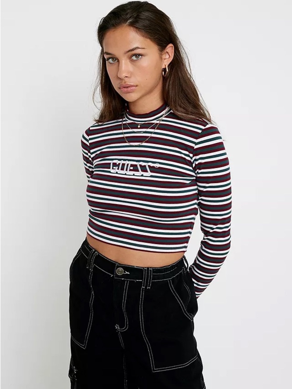 Guess Cropped Vintage Style Striped Long-Sleeve